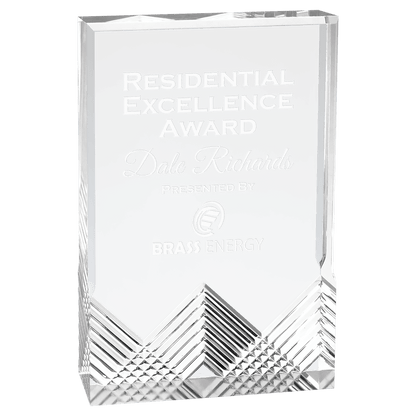 Large clear Apex Mirage acrylic award with silver accents and personalized Residential Excellence Award engraving