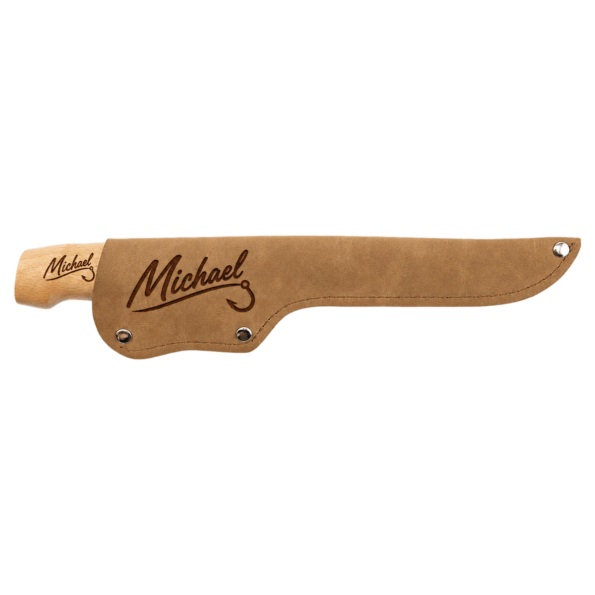 Personalized Bison River 7-inch fillet knife with engraved wood handle and leatherette sheath