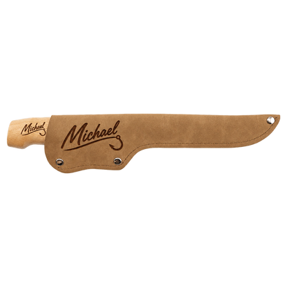 Personalized Bison River 7-inch fillet knife with engraved wood handle and leatherette sheath