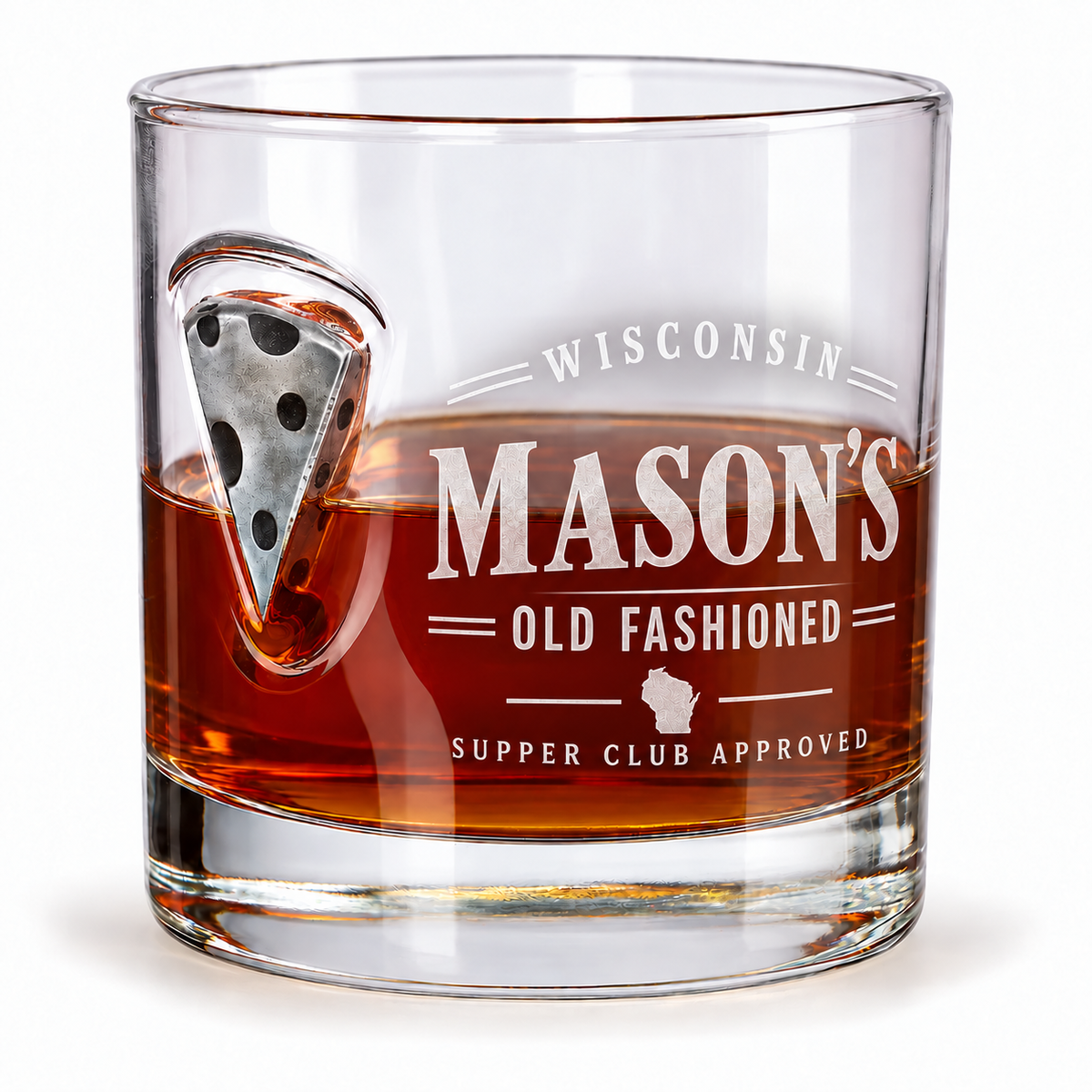 BenShot Cheese Wedge 11 oz Rocks Glass with sample personalization