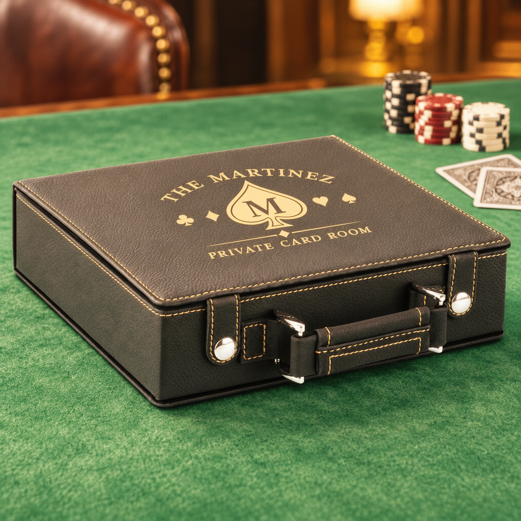 A black faux-leather poker case with gold embroidery reading 'THE MARTINEZ PRIVATE CARD ROOM' sits on a green felt poker table. Poker chips and cards are visible in the background, with a blurred brown chair and warm ambient lighting.