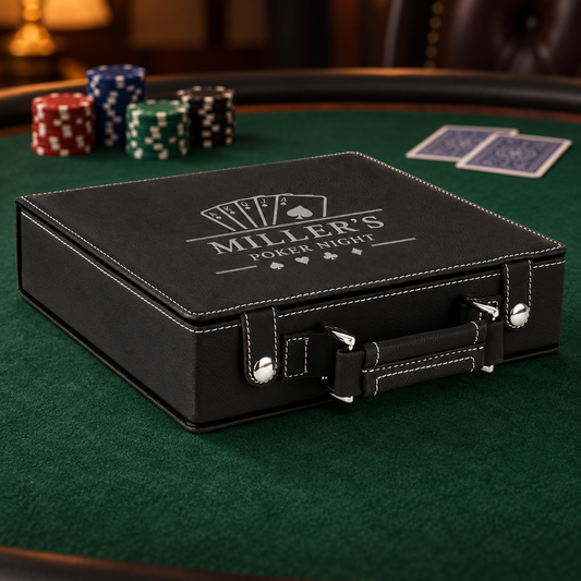 A black faux-leather poker case with white stitching and silver hardware, featuring an engraved logo that reads 'Miller's Poker Night.' The case sits on a green felt poker table, with poker chips and cards visible in the background.