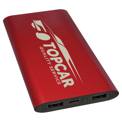 Red power bank with Topcar logo on a transparent background