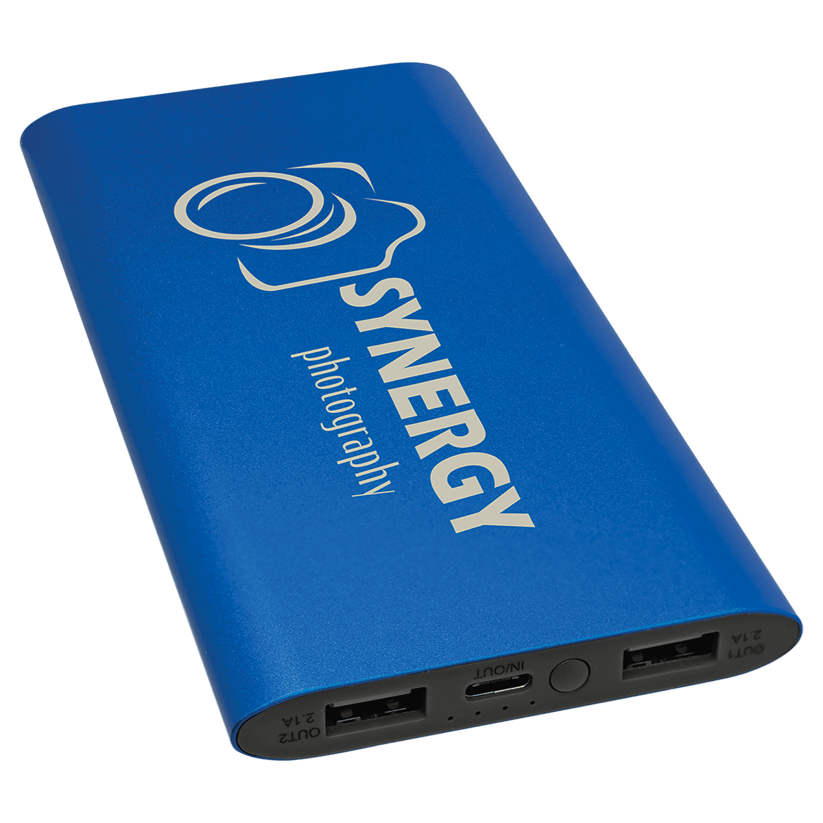 Blue power bank with 'Synergy Photography' logo on a transparent background