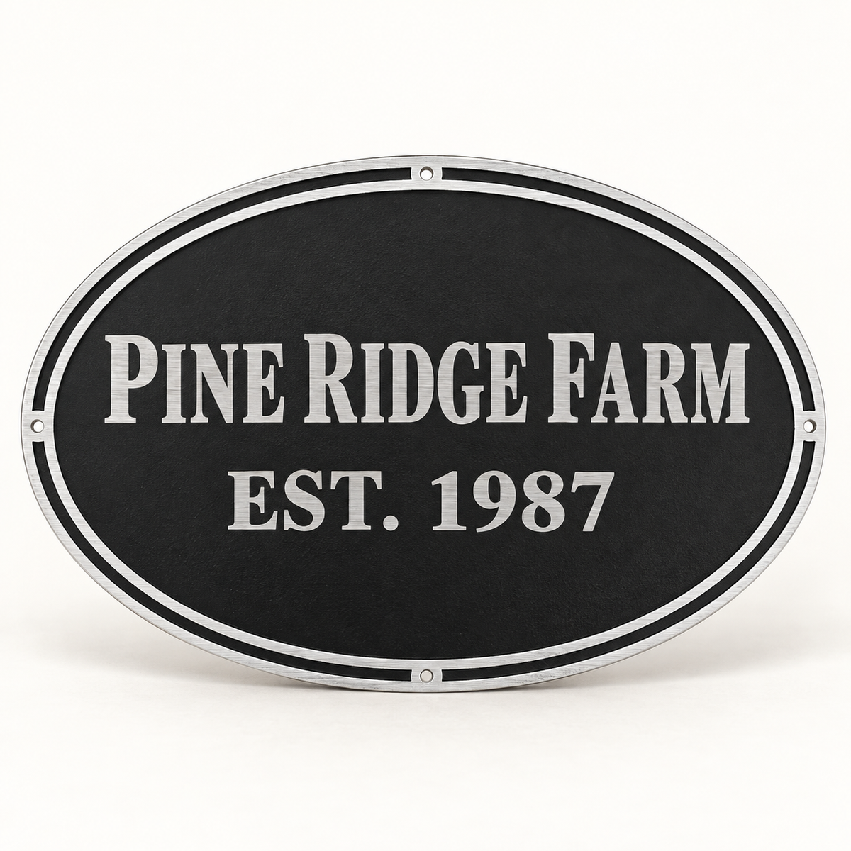 Black oval cast aluminum wall sign personalized for Pine Ridge Farm