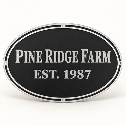 Black oval cast aluminum wall sign personalized for Pine Ridge Farm