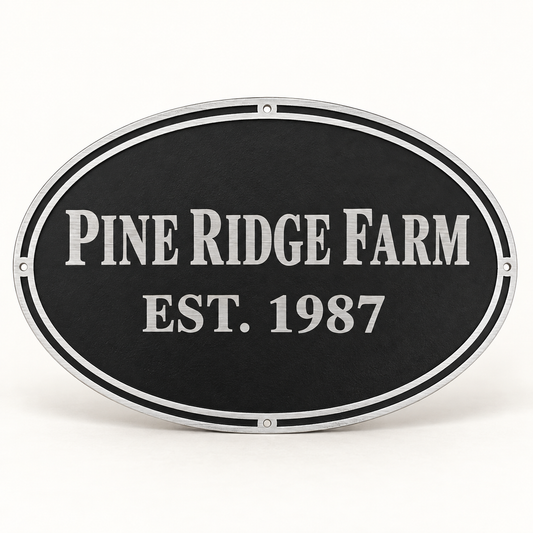 Black oval cast aluminum wall sign personalized for Pine Ridge Farm