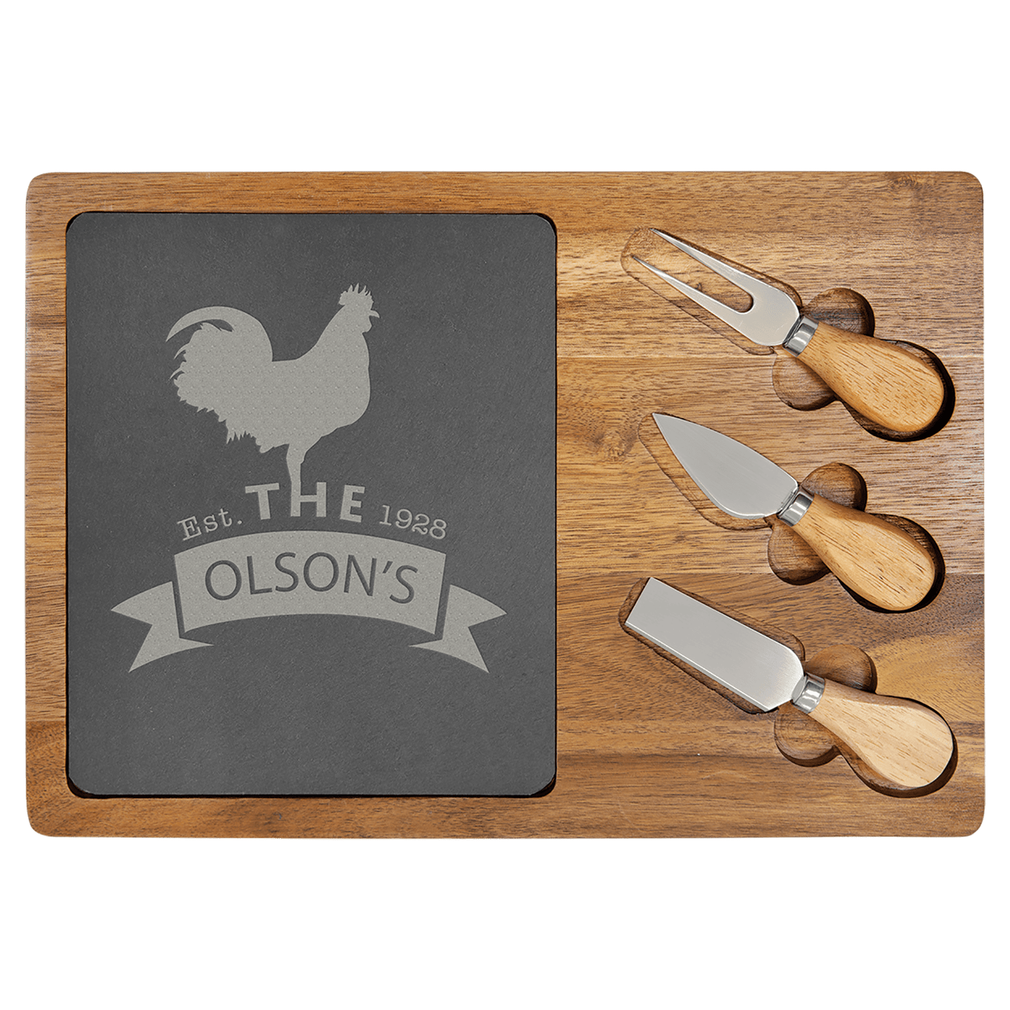 Acacia Wood/Slate Cheese Set with Three Tools - Custom