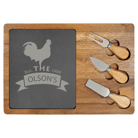 Acacia Wood/Slate Cheese Set with Three Tools - Custom