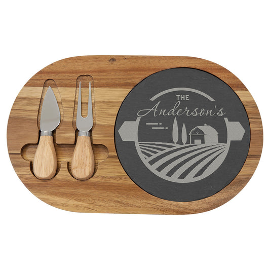 Acacia Wood/Slate Oval Cheese Set with Two Tools - Custom