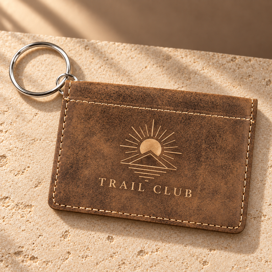 A brown faux-leather card holder keychain with a silver split ring, featuring an embossed mountain and sun logo with the text 'TRAIL CLUB' on the front, resting on a textured beige stone surface.