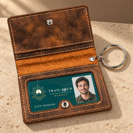 A brown leather keychain wallet shown open on a light stone surface, with a metal key ring attached and an ID card slot holding a Trail Club member card.