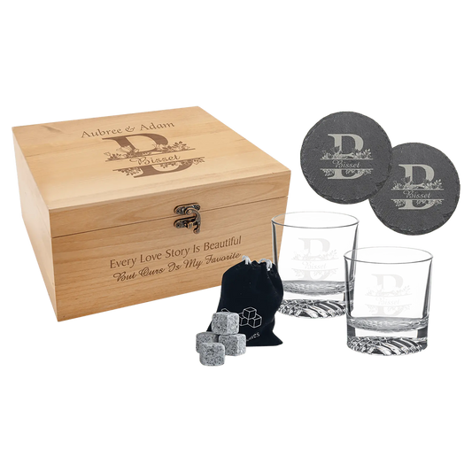 Premium Custom Etched Red Alder Whiskey Set with Slate Coasters and Granite Stones Smalltown Connetchin