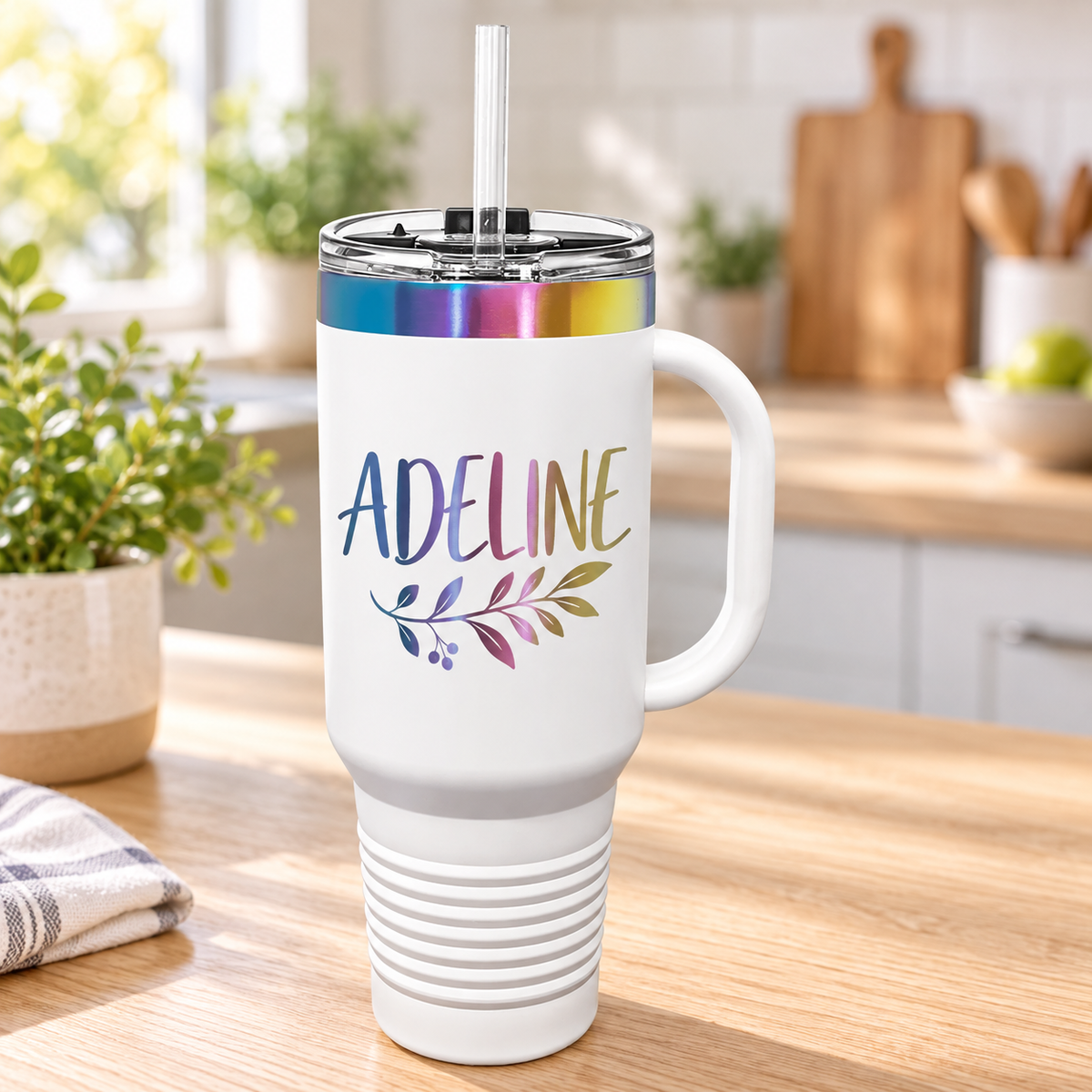 Personalized 40 oz Ion-Plated Travel Mug with Handle & Straw — White/Prism — ADELINE