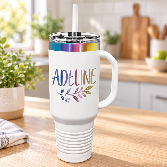 Personalized 40 oz Ion-Plated Travel Mug with Handle & Straw — White/Prism — ADELINE