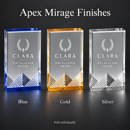 Three rectangular award plaques labeled CLARA EXCELLENCE AWARD on a dark background, shown in blue, gold, and silver finishes. Text at the top reads Apex Mirage Finishes, and labels below each plaque read Blue, Gold, and Silver.