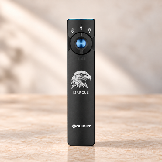 Olight Arkfeld Pro Class 3R | 3-in-1 EDC Flashlight with silver-gray eagle engraving and Marcus sample name