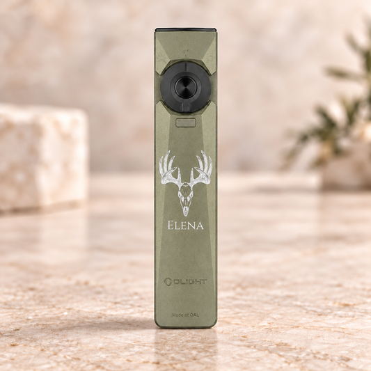 Olight Arkfeld Ultra Class 3R | 3-in-1 EDC Flashlight with silver-gray buck skull engraving and Elena sample name