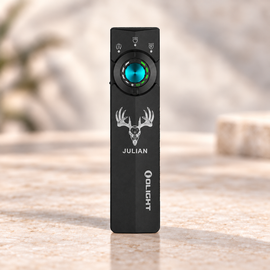 Olight ArkPro Lite | 3-in-1 EDC Flashlight with silver-gray buck skull engraving and Julian sample name