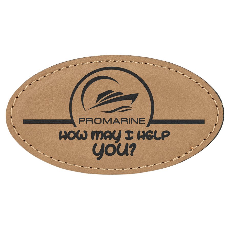 Light brown oval leatherette magnetic badge with supplier example engraving