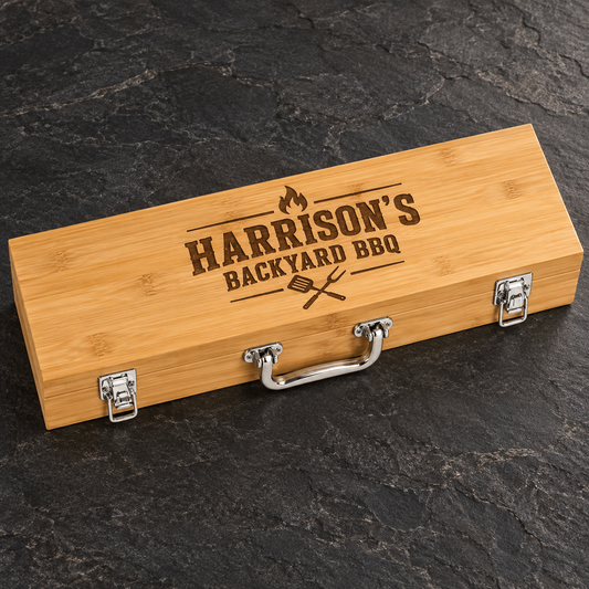 Personalized 3-Piece Bamboo BBQ Set with personalized grilling design