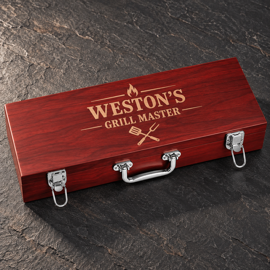 Personalized 3-Piece Rosewood-Finish BBQ Set with personalized grilling design