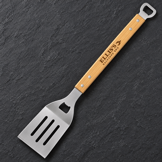 Personalized Bamboo BBQ Spatula with Bottle Opener with personalized grilling design