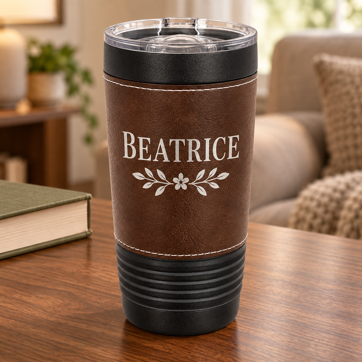 Personalized 20 oz Leatherette Wrapped Tumbler — Black/Rustic — BEATRICE