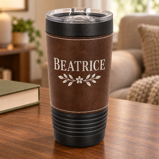 Personalized 20 oz Leatherette Wrapped Tumbler — Black/Rustic — BEATRICE