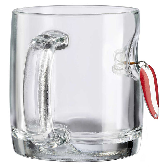 BenShot Fishing Lure 13 oz Coffee Mug with a red and white spoon fishing lure embedded in the glass