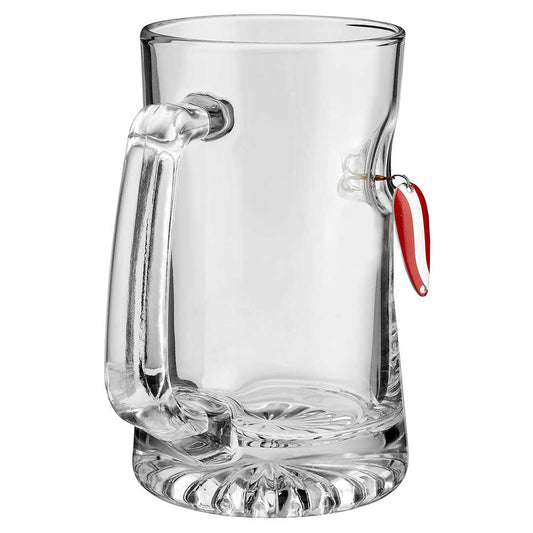 BenShot Fishing Lure 24 oz Beer Mug with a red and white spoon fishing lure embedded in the glass