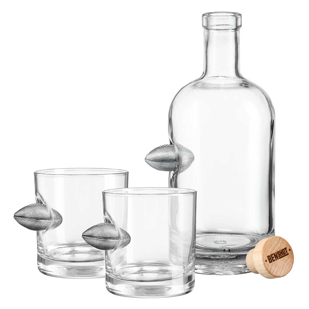 BenShot Football gift set with one 750 mL decanter and two 11 oz rocks glasses