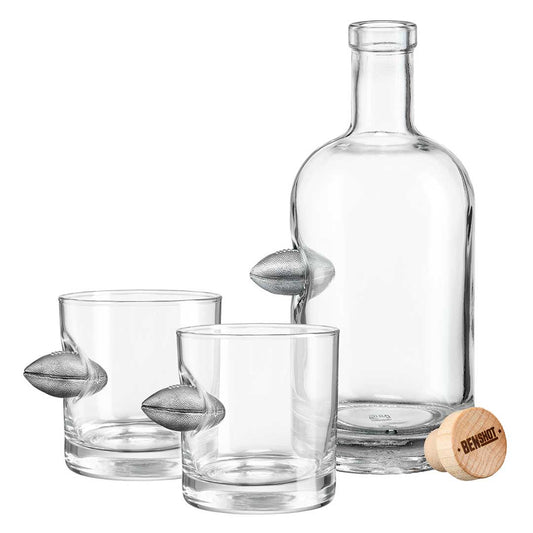 BenShot Football gift set with one 750 mL decanter and two 11 oz rocks glasses