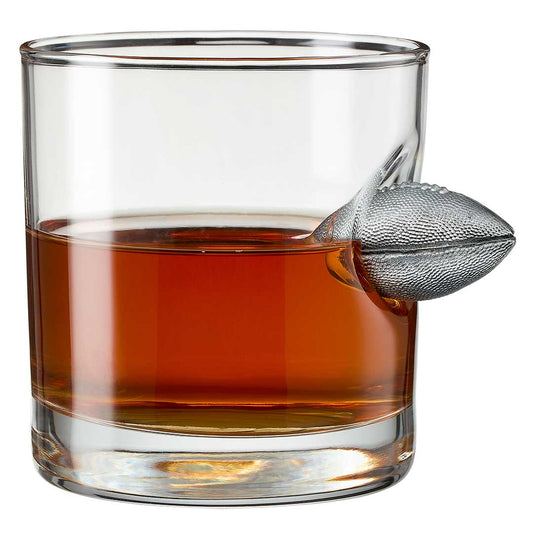 BenShot Football 11 oz Rocks Glass with an embedded solid metal miniature football