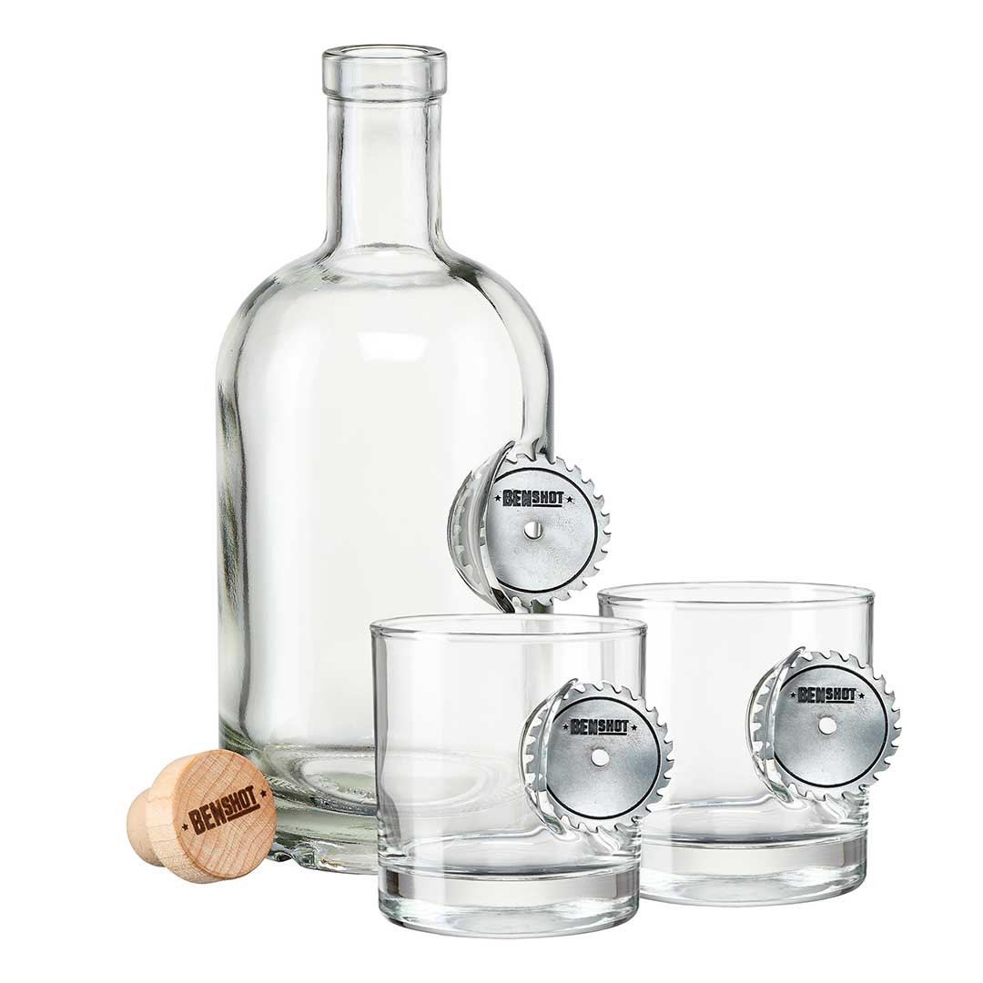 BenShot Saw Blade 750 mL Decanter & Two Rocks Glass Gift Set
