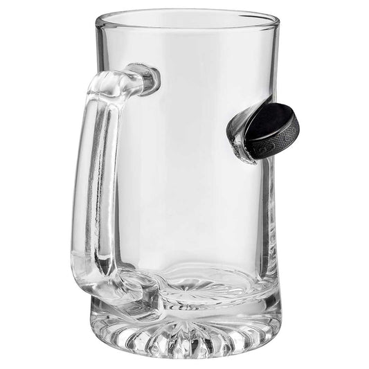 BenShot hockey puck 24 oz beer mug with embedded miniature hockey puck