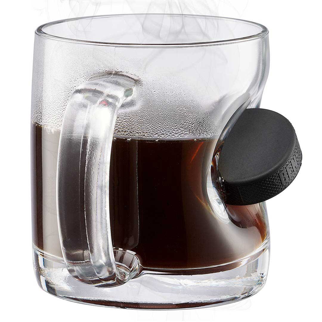 BenShot hockey puck 13 oz coffee mug with embedded miniature hockey puck