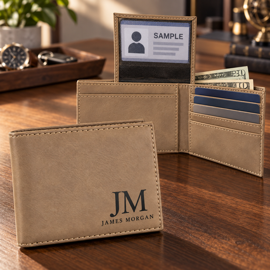 A tan leather bifold wallet shown closed and open on a wooden table. The closed wallet features an engraved 'JM James Morgan' logo.