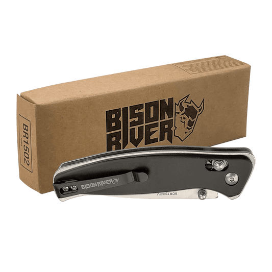 Bison River 4 1/2" Black Button Lock Folding Knife with Clip - Smalltown Connetchin