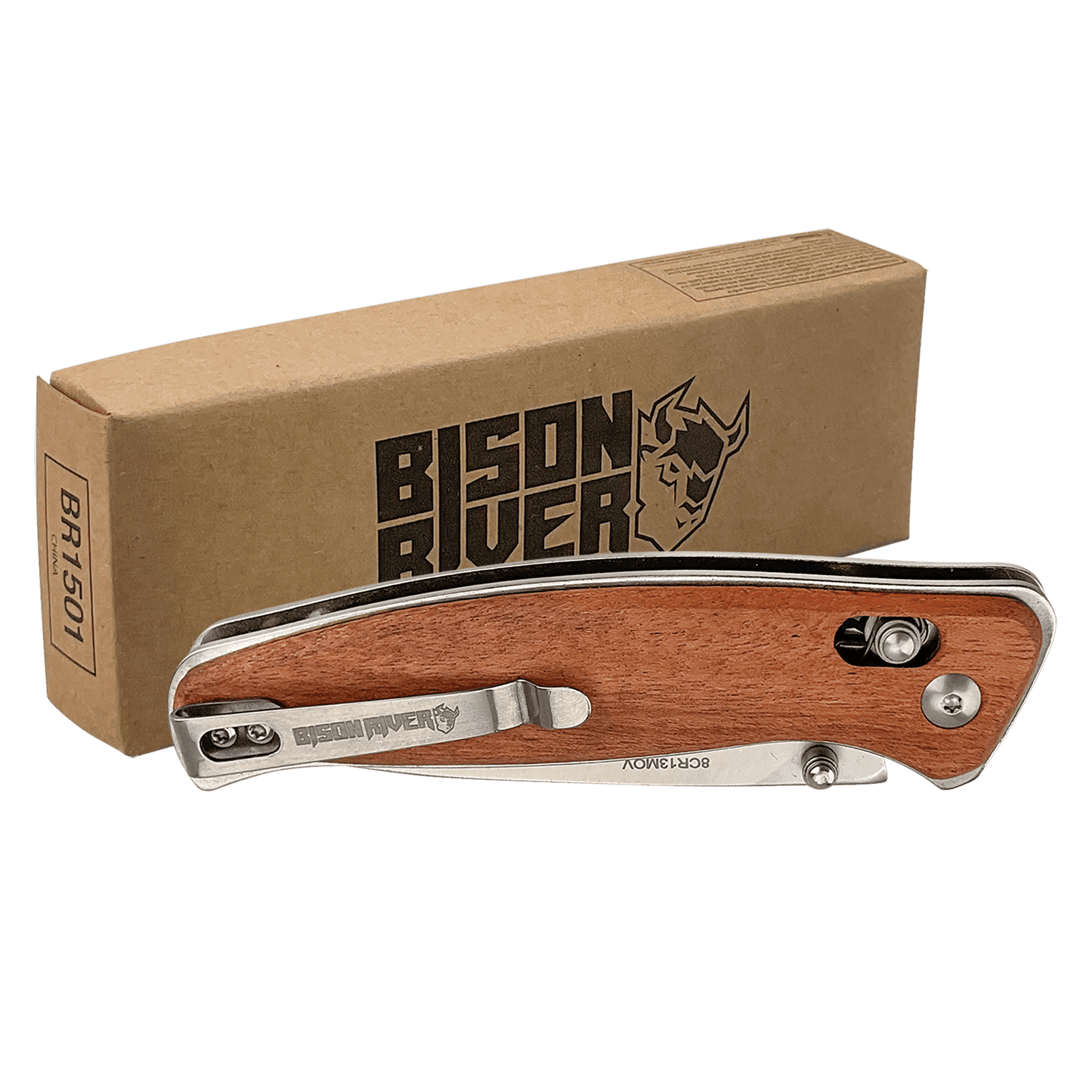 Bison River 4 1/2" Wood Button Lock Folding Knife - Smalltown Connetchin