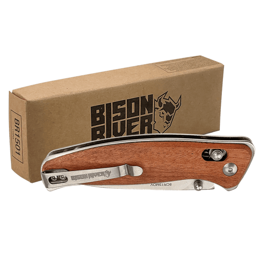 Bison River 4 1/2" Wood Button Lock Folding Knife - Smalltown Connetchin