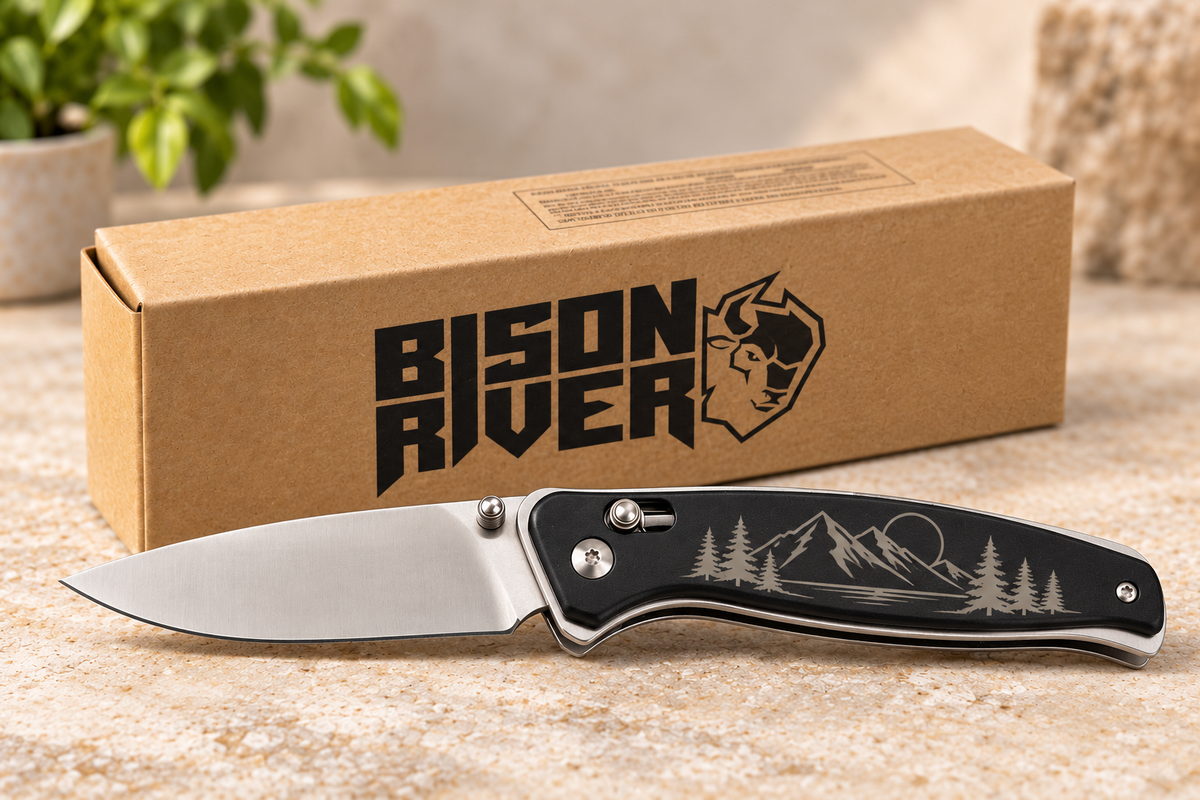 A folding pocket knife with a black handle featuring a white mountain and pine tree graphic, displayed in front of its brown cardboard packaging box with a black 'Bison River' logo.