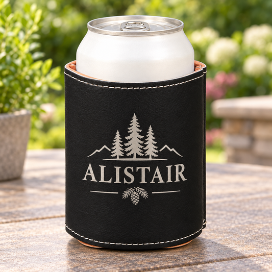 Black/Silver leatherette can holder with silver ALISTAIR forest engraving and light stitching.
