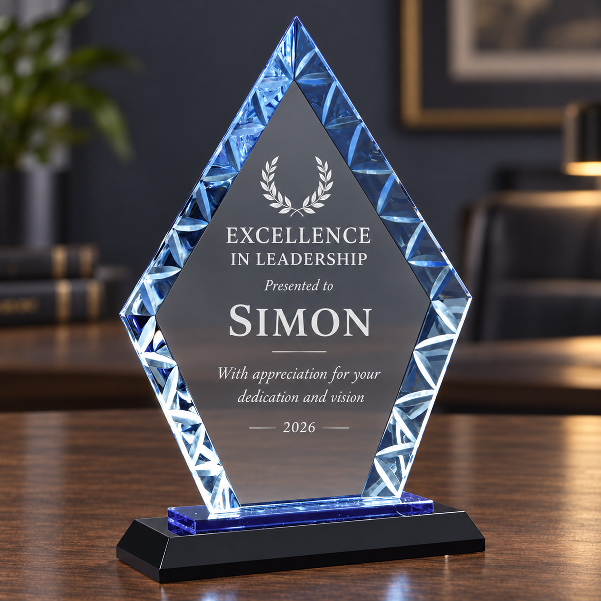 Personalized crystal award plaque with a diamond-shaped transparent blue faceted top and base on a black pedestal, engraved with the text 'EXCELLENCE IN LEADERSHIP Presented to SIMON' and a laurel wreath, shown on a wooden table in a blurred office setting.