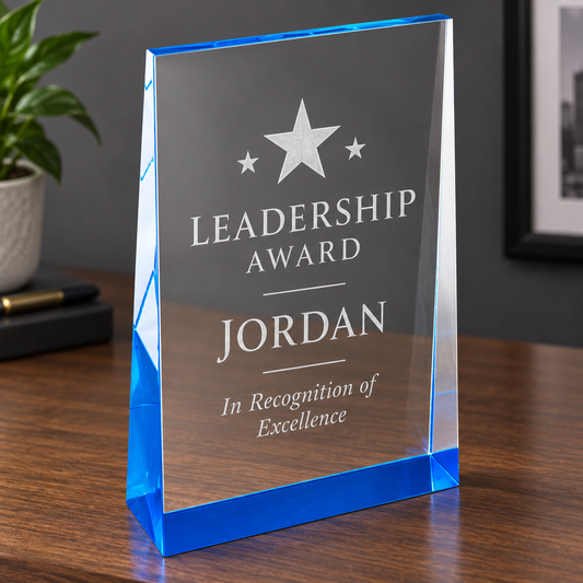A clear acrylic award plaque with a bright blue base and blue edge reflections, engraved with the text 'LEADERSHIP AWARD JORDAN In Recognition of Excellence' and a star motif, standing on a wooden desk.