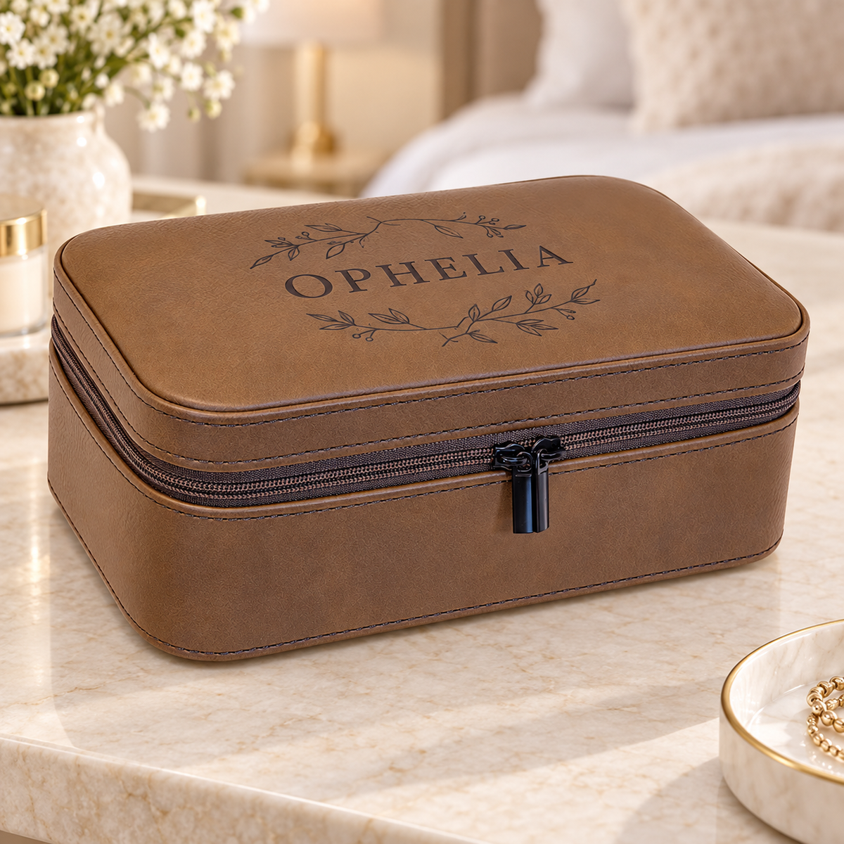 Dark Brown rectangular jewelry box with dark OPHELIA botanical engraving and zipper closure.
