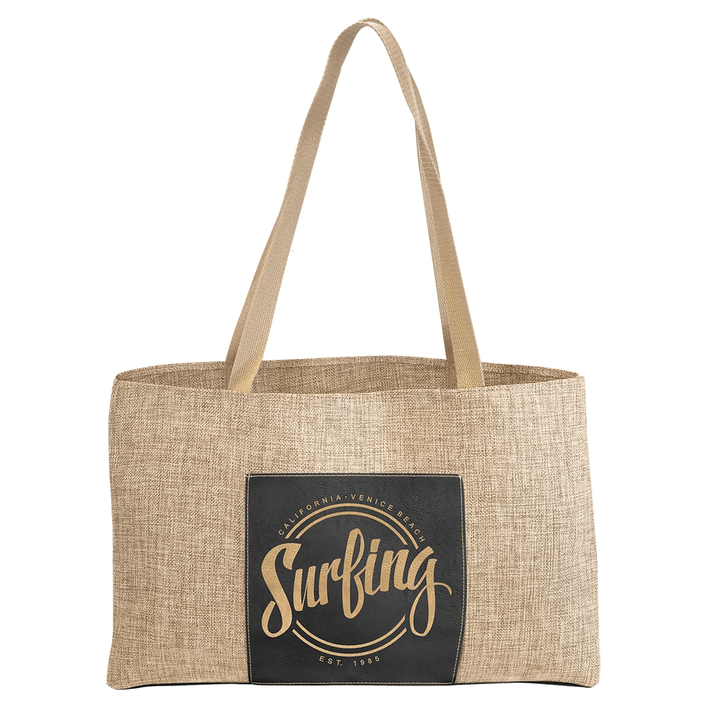 Burlap Tote Bag with Customizable 5" - inch Leatherette Gusset - Smalltown Connetchin
