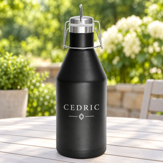 Black 64 oz insulated growler with silver CEDRIC engraving and swing-top stainless steel closure.