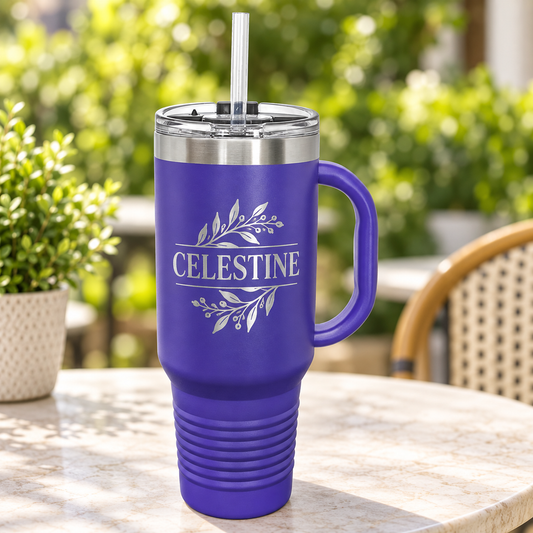 Purple 40 oz handled Polar Camel travel mug with straw and silver CELESTINE engraving.