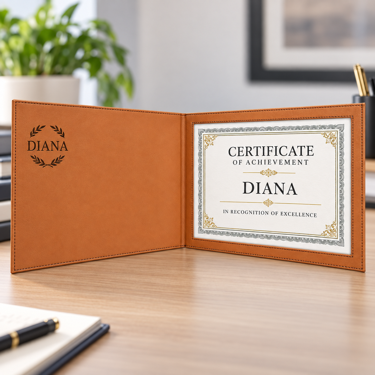 Open Rawhide/Black leatherette certificate holder with dark DIANA engraving and certificate insert.